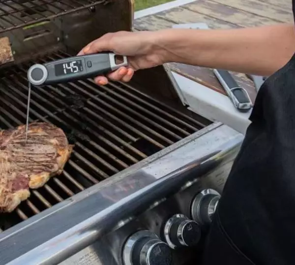 Use of meat thermometer in grilling.